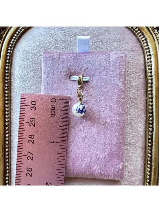 18K PVD Gold White Glass Bead Charm With Blue Floral Print & Gold Lobster Clasp - Picture 6 of 11